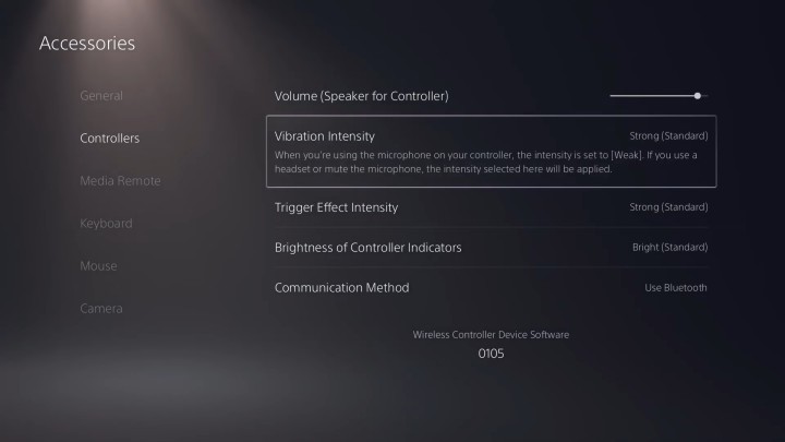 Menú de configuración de DualSense en PS5.
