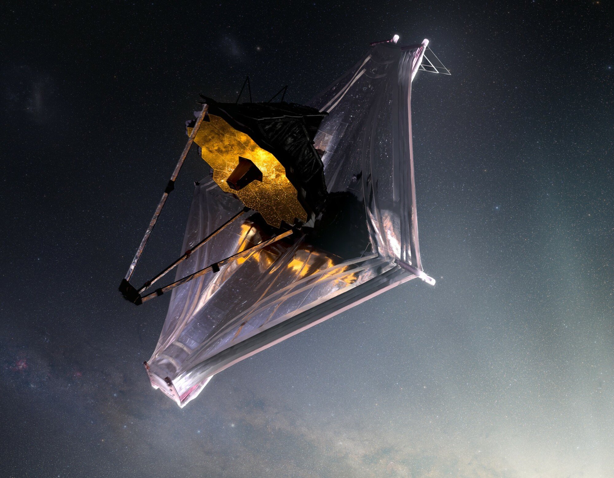 Representación de un artista del telescopio espacial James Webb examinando el cosmos con su espejo gigante.
