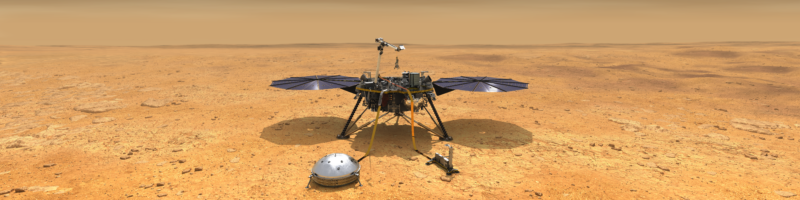 Imagen de un módulo de aterrizaje en un planeta seco y rojizo que muestra dos paneles solares circulares y una serie de instrumentos.